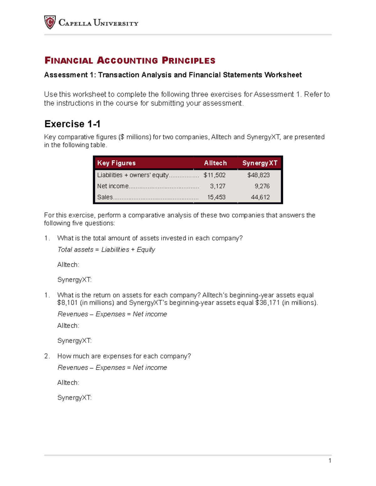 Cf U01A1 Transaction Analysis & Financial Statements Assessment ...