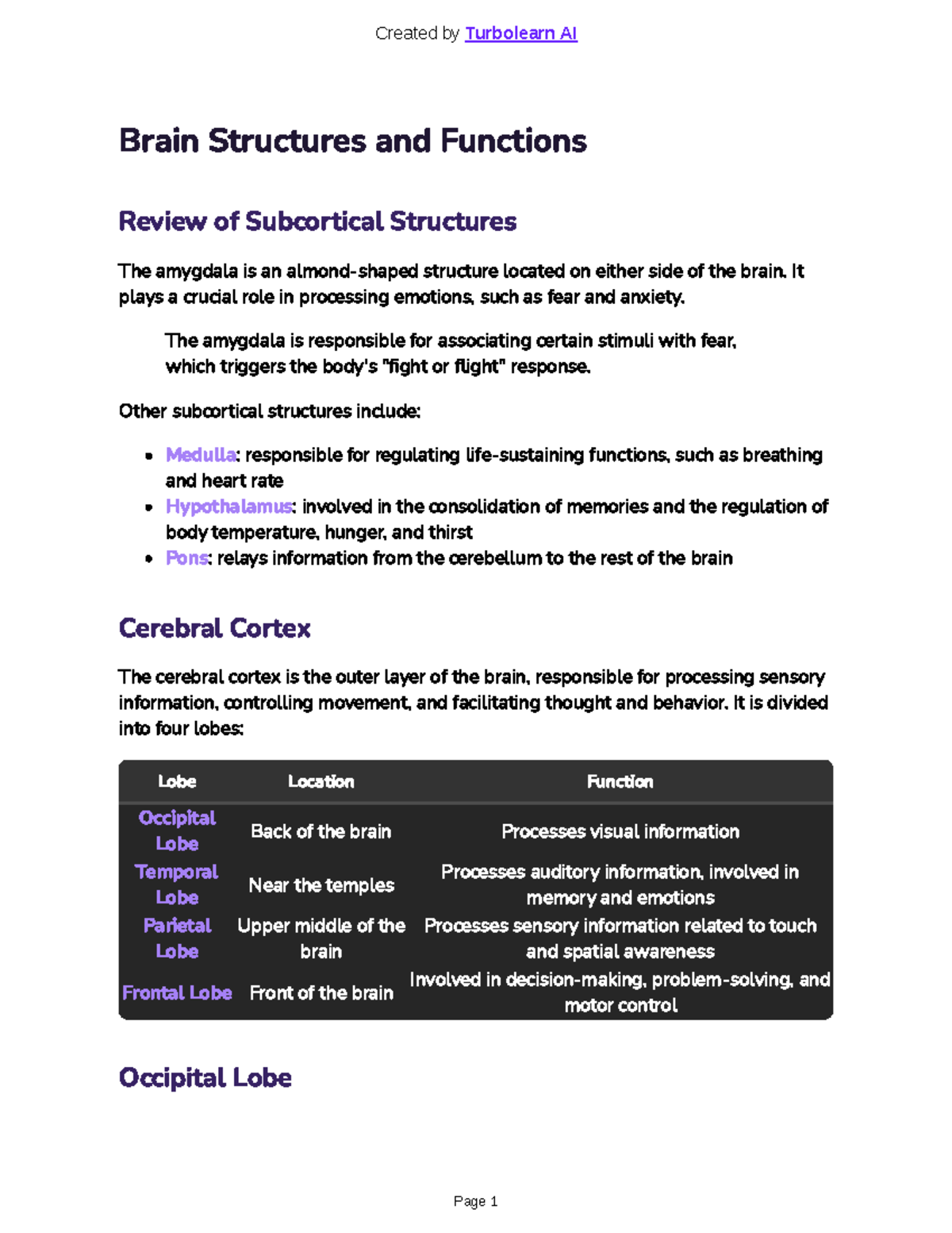 Brain Structure and their functions - Brain Structures and Functions ...