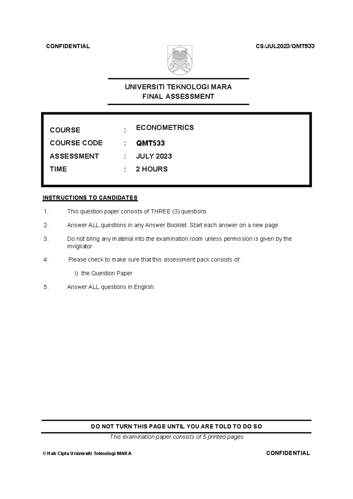 JULY 2023 QMT533 FINAL ASSESSMENT: ECONOMETRICS EXAM PAPER - Studocu