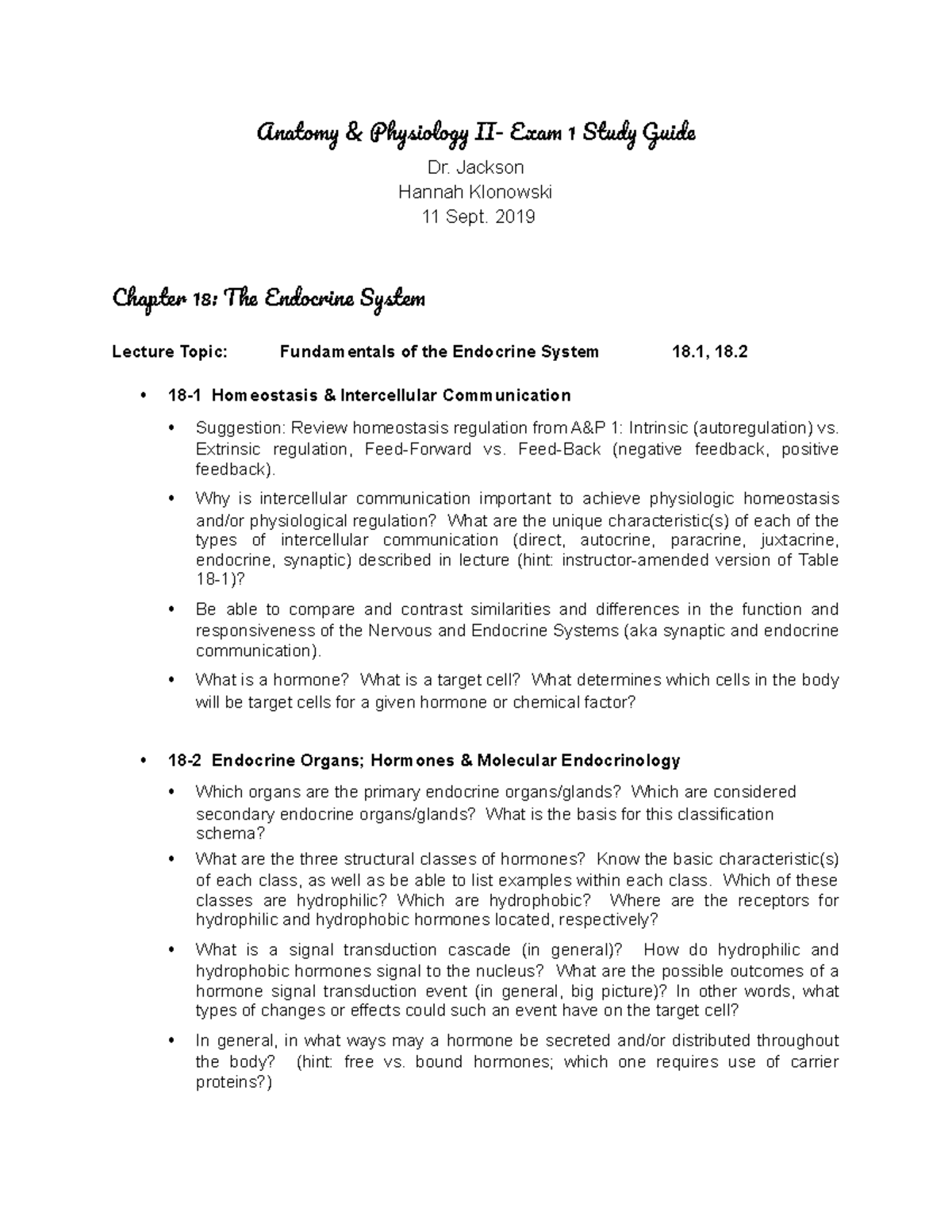 Anatomy PHYS 202: Comprehensive Exam 1 Study Guide on Endocrine System ...