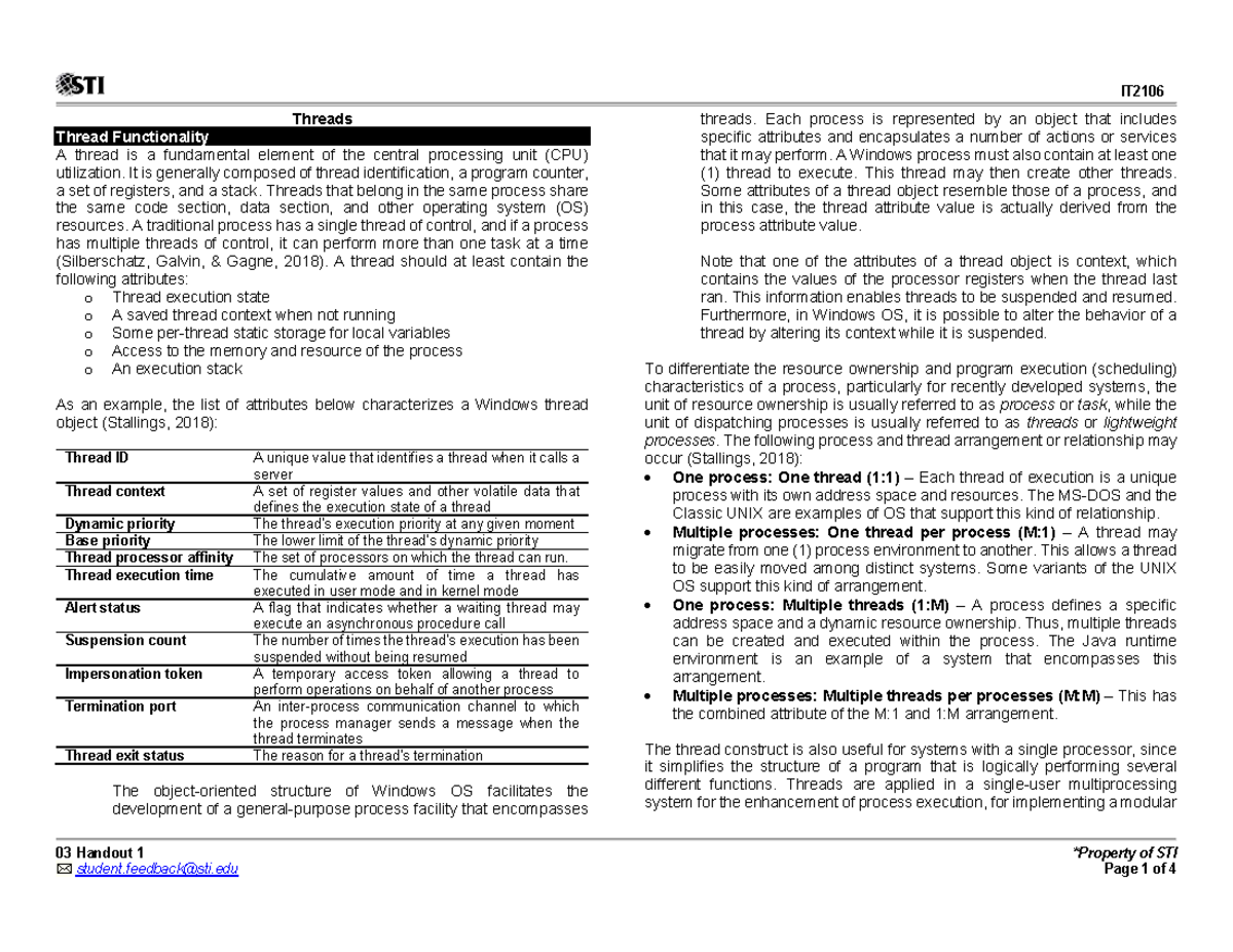 IT2106 Final Exam Notes on Thread Functionality and Management - Studocu