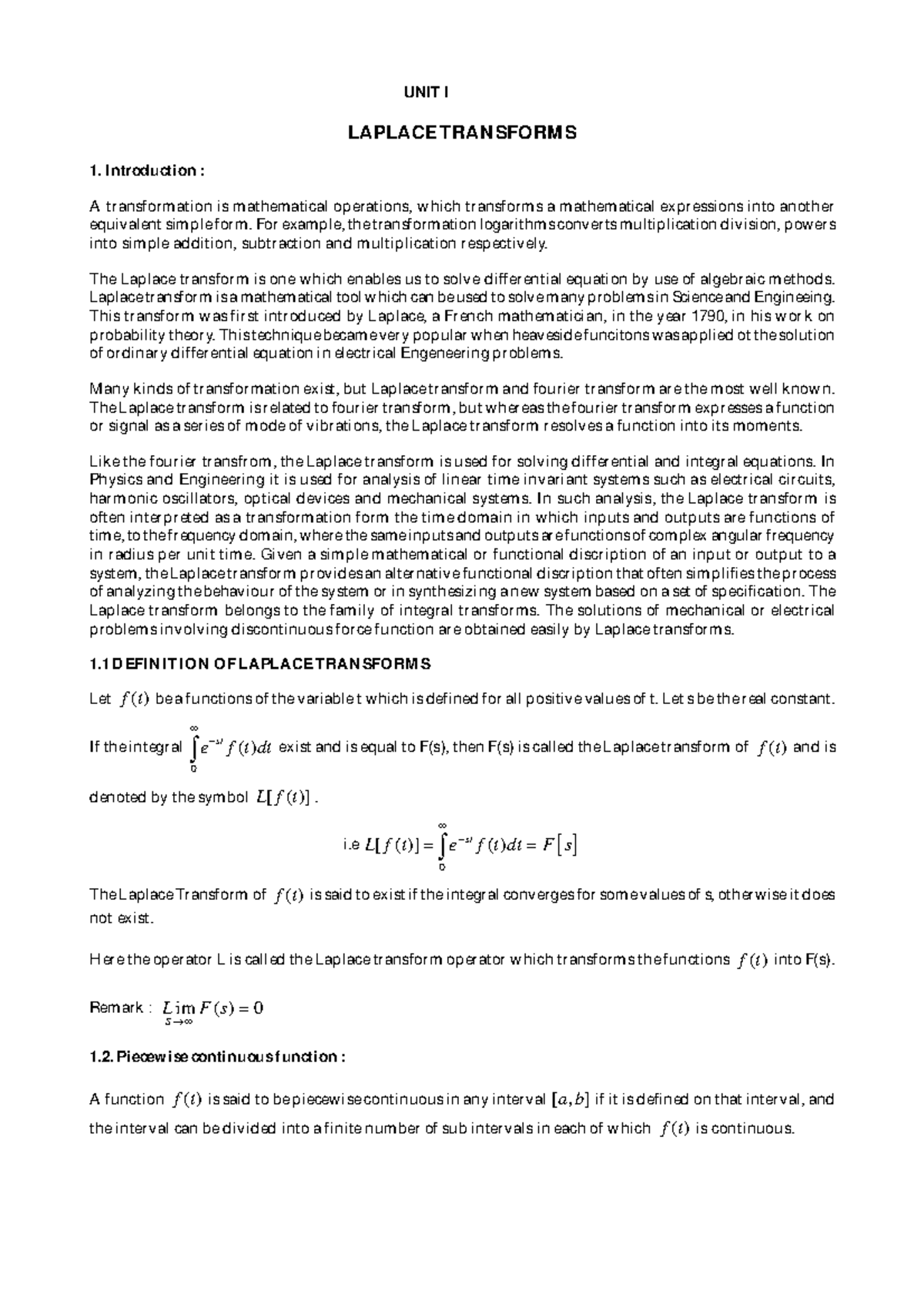 Laplace transform - Sathyabama University CHAPTER - IV LAPLACE ...