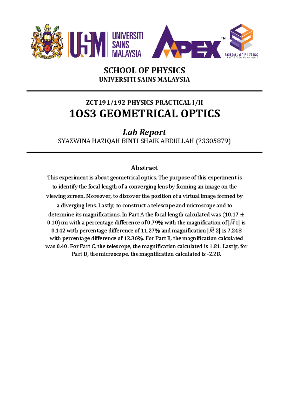 1OS3 Geometrical Optics Lab Report: Focal Length & Magnification ...