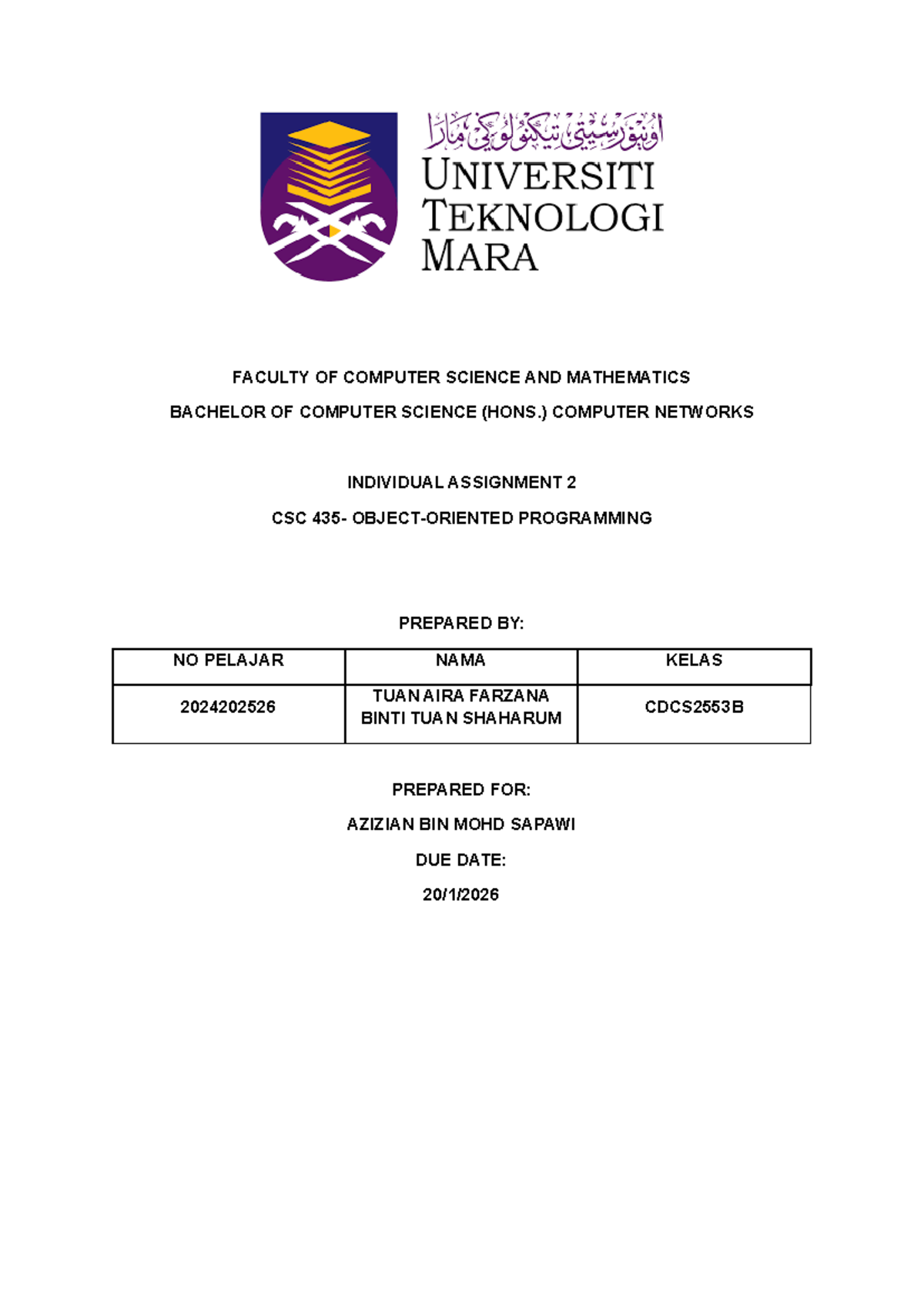 CSC2553B Individual Assignment: Client Class Implementation - Studocu