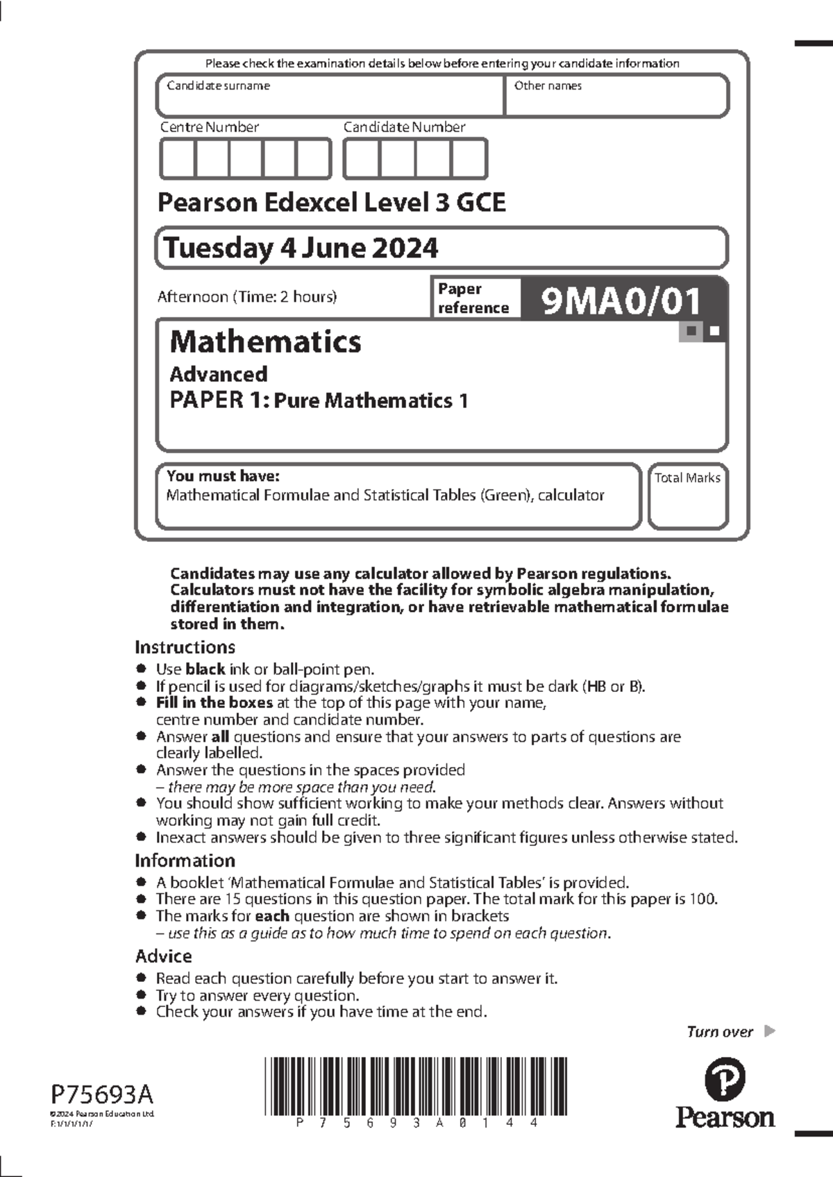 A Level Mathematics (PAPER 1): Pure Mathematics 1 Exam - June 2024 ...
