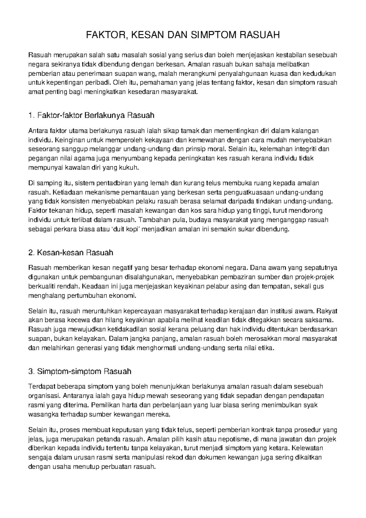 FAKTOR, KESAN DAN SIMPTOM RASUAH: PENGENALAN DAN ANALISIS - Studocu