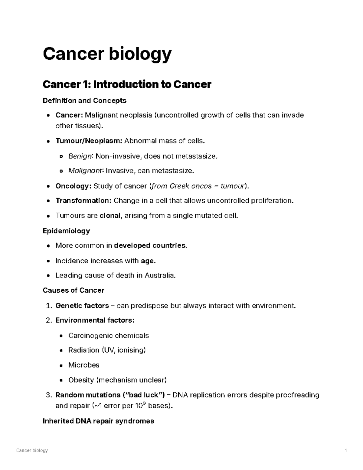 Biol1004 Cancer Biology: Introduction, Causes, and Treatment Insights ...