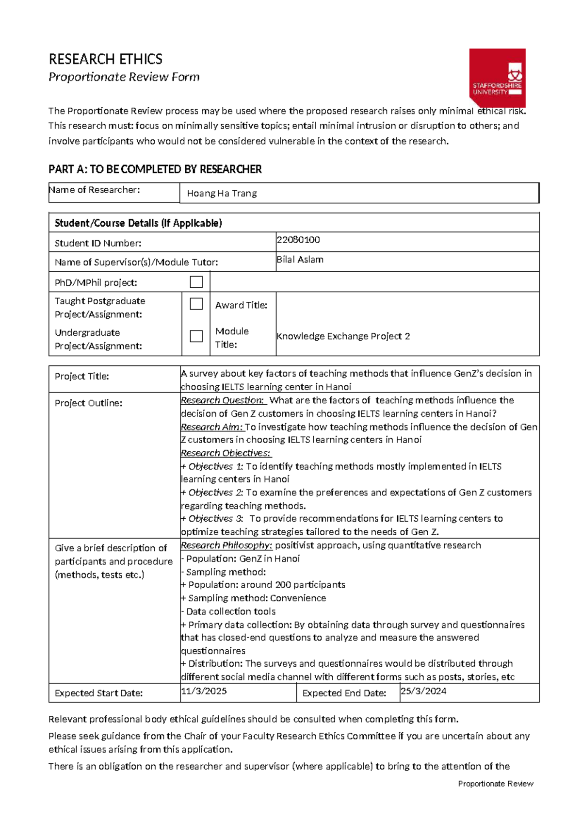 Research ethics form for IELTS learning center study (22080100) - Studocu