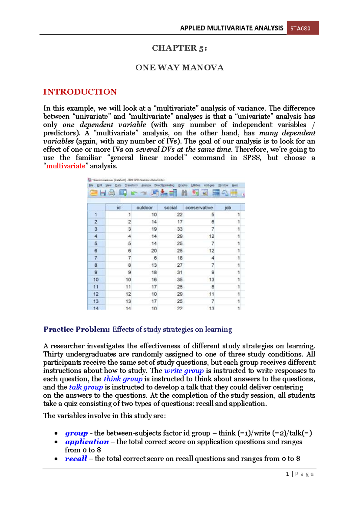 APPLIED MULTIVARIATE ANALYSIS STA680 CHAPTER 5: ONE-WAY MANOVA ...