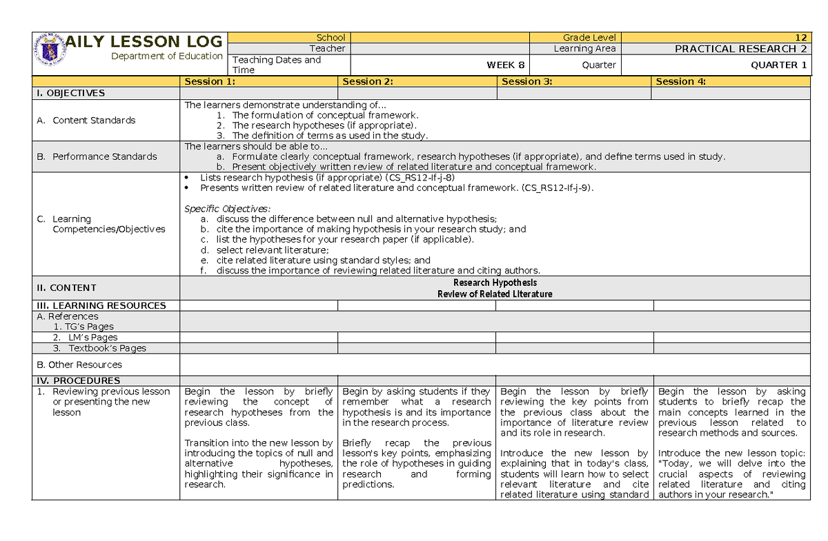 Practical Research 2: Week 8 Lesson Log for Quarter 1 - Studocu