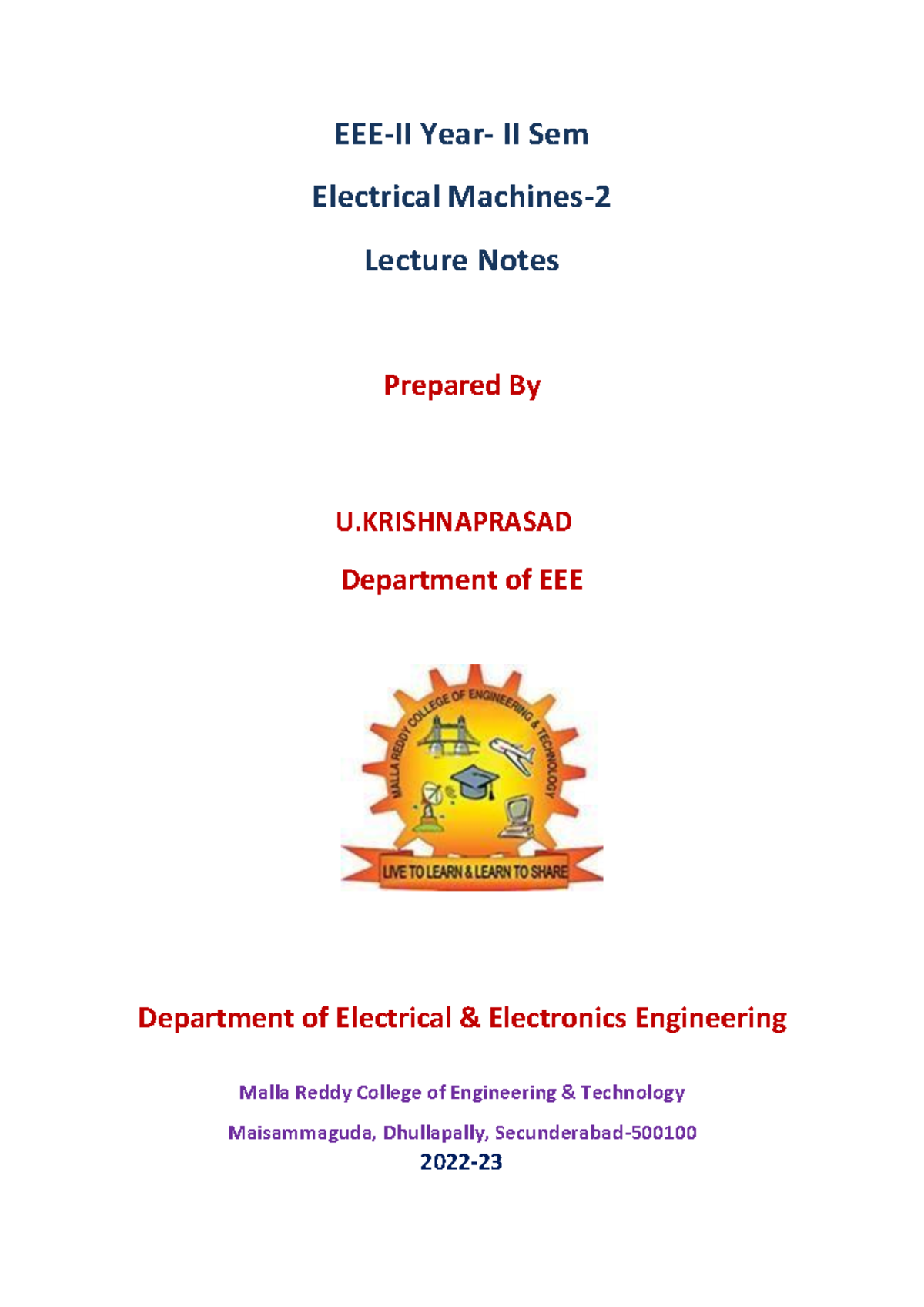 Electrical Machines-II Lecture Notes by U. Krishnaprasad - Studocu