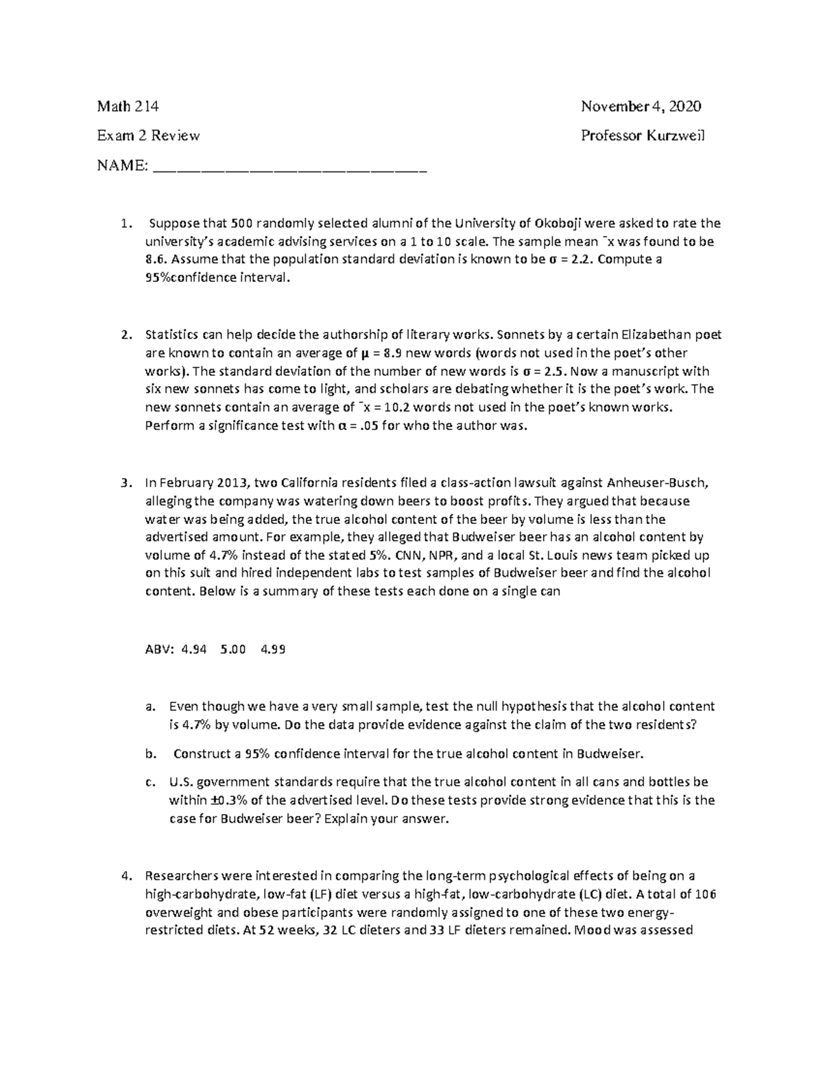 Math 214 Exam 2 Review: Key Statistics and Case Studies - Studocu