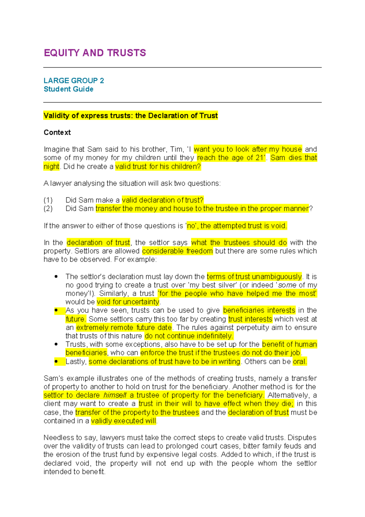 E&T - Unit 2 - lecture - EQUITY AND TRUSTS LARGE GROUP 2 Student Guide ...
