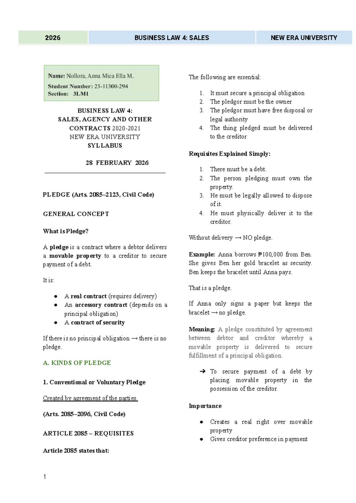 2026 BUSINESS LAW 4: SALES - Pledge Syllabus Overview - Studocu