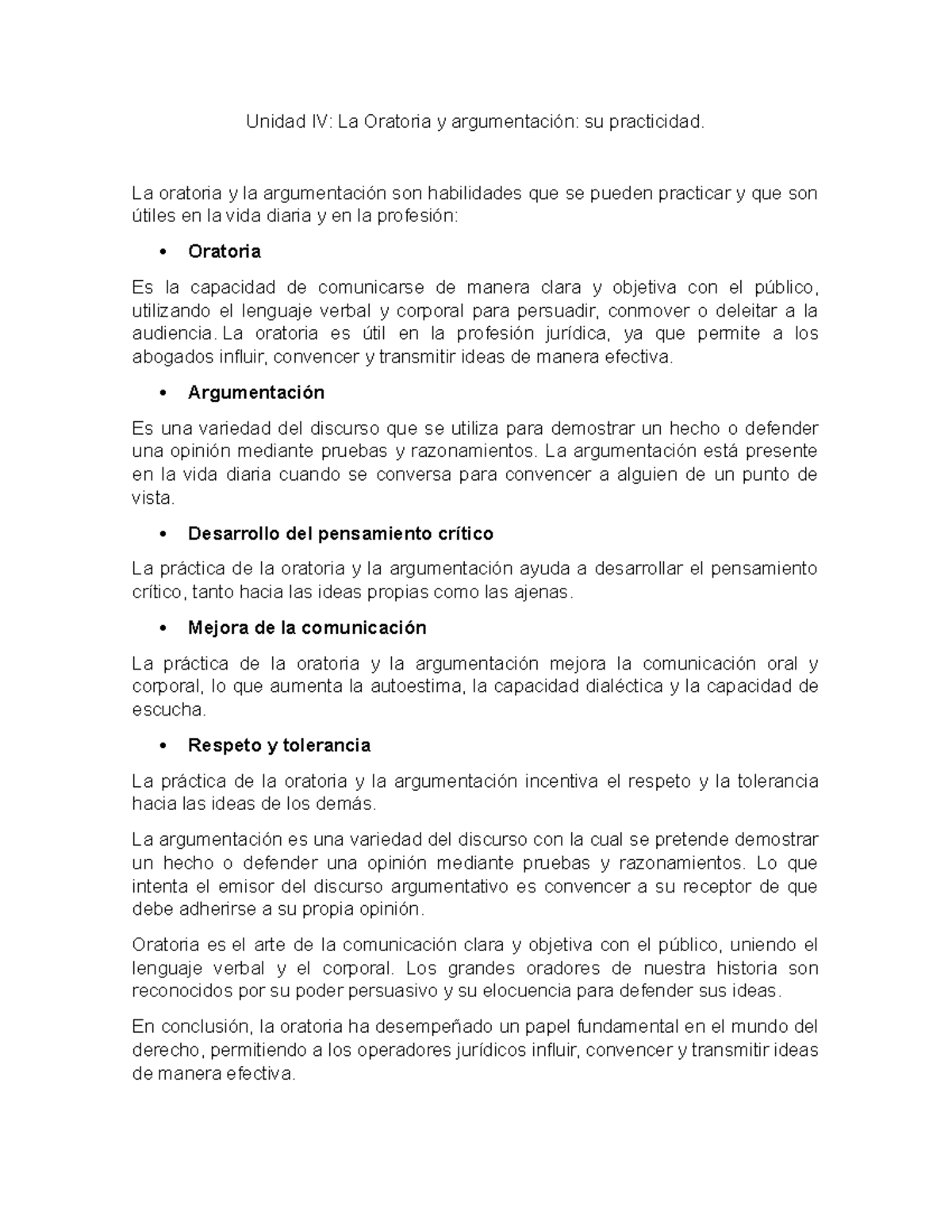 Unidad IV: La Oratoria y Argumentación en la Práctica Jurídica - Studocu