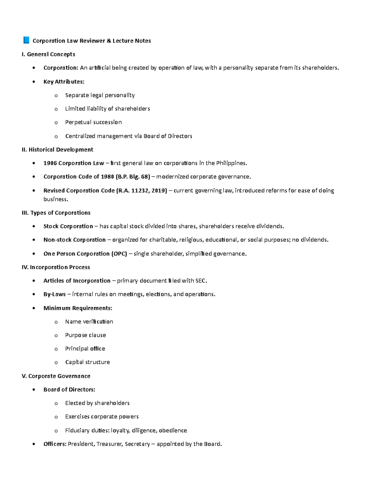 📘 Corporation Law Reviewer: Lecture Notes on Corp Law Concepts - Studocu