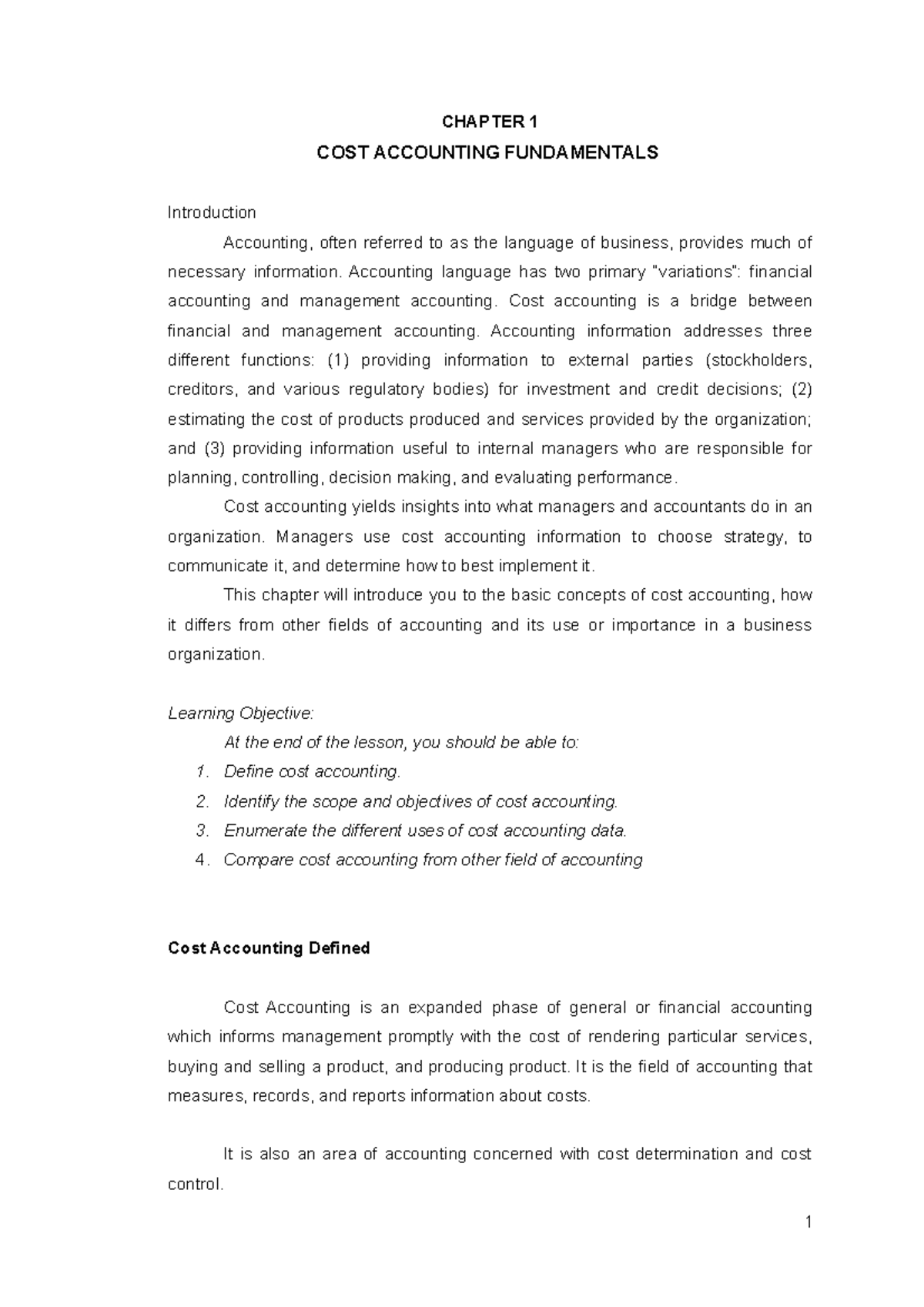 Chapter-1 - Notes - CHAPTER 1 COST ACCOUNTING FUNDAMENTALS Introduction ...