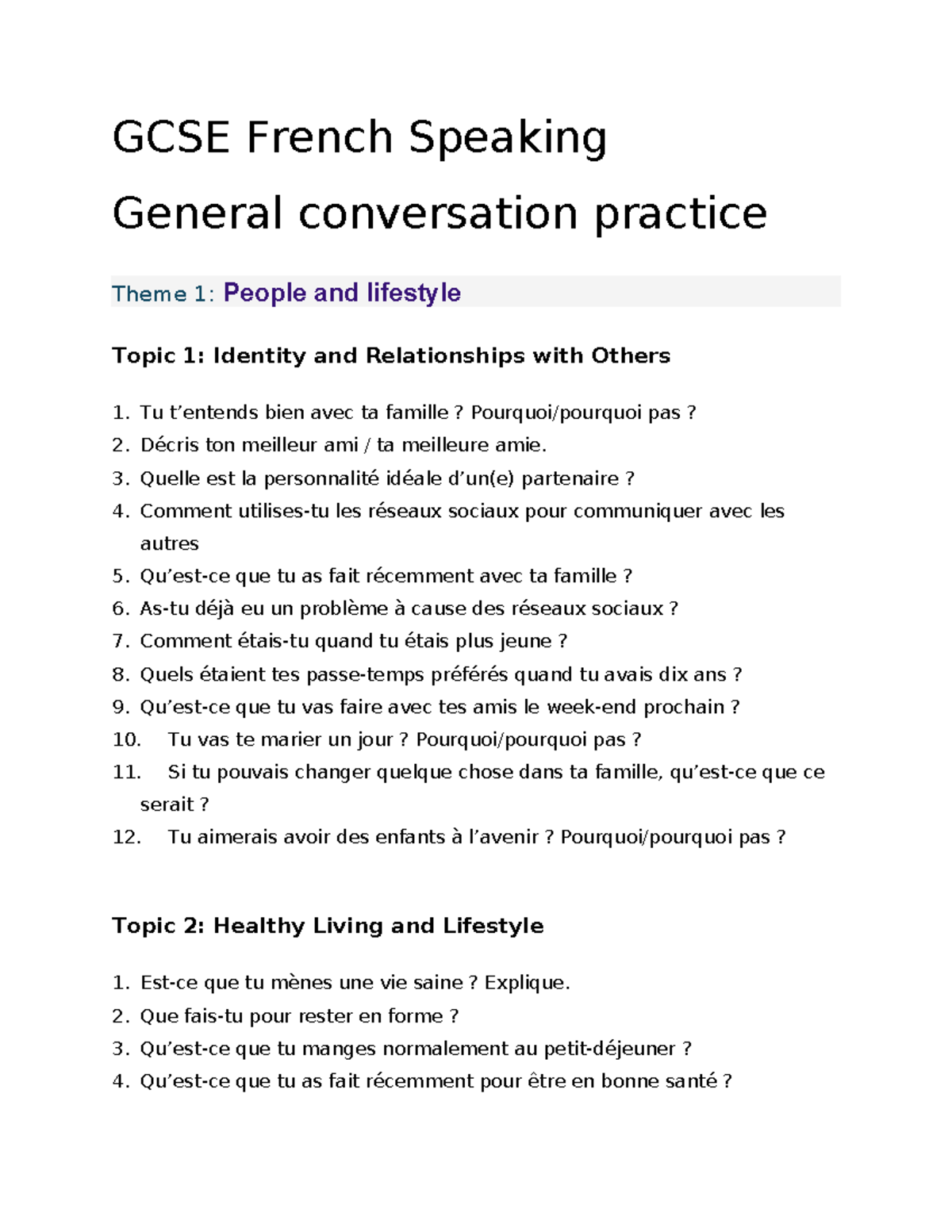 GCSE French Speaking Practice: Themes on Identity, Lifestyle & More ...