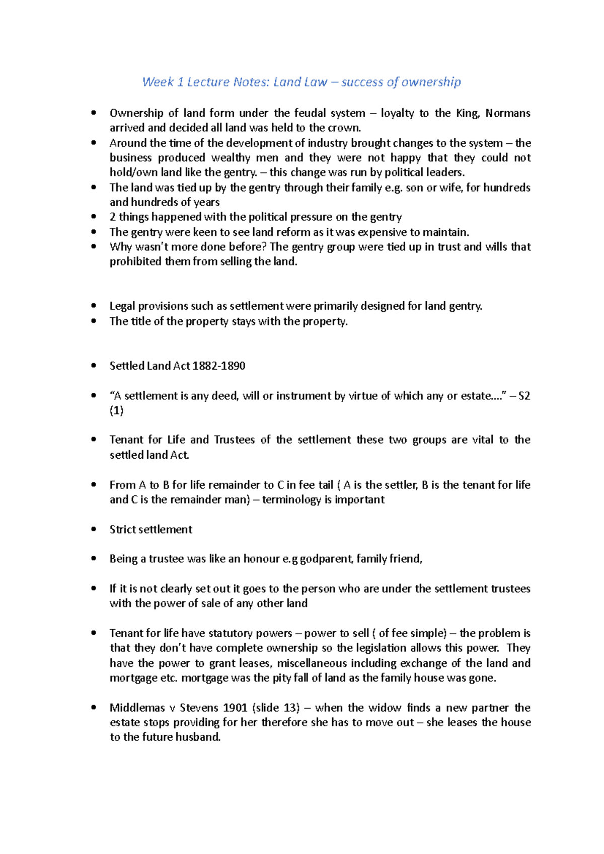 Land Law Lecture Notes: Ownership and Settlements Week 1 - Studocu