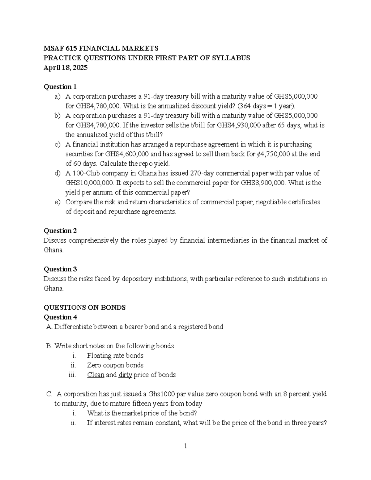 MSAF 615 Practice Questions for Financial Markets - Nov 2024 - Studocu