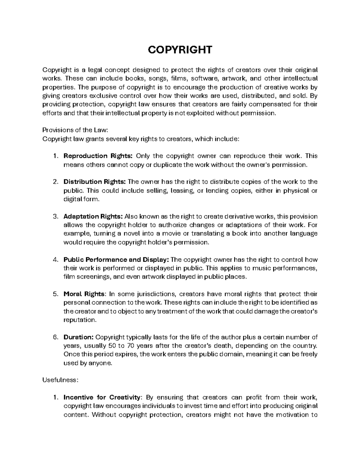 LEB Assignment - Law - COPYRIGHT Copyright is a legal concept designed ...