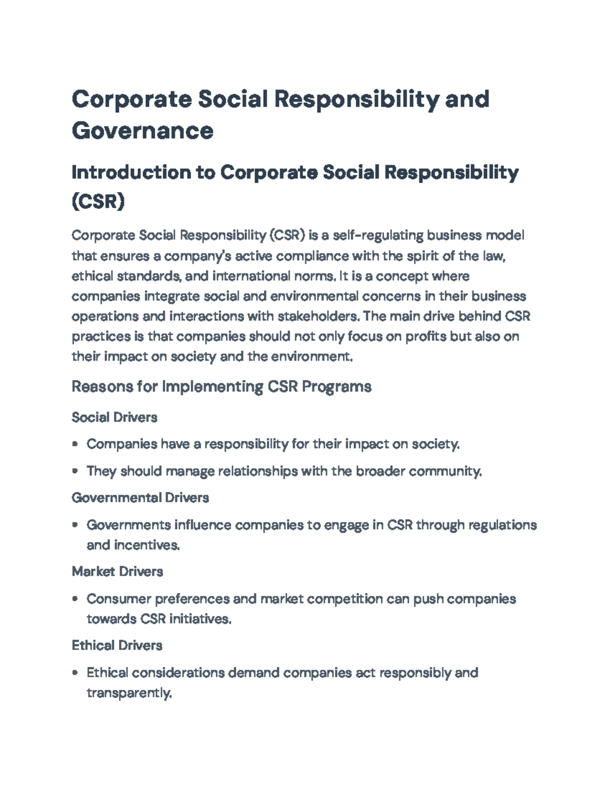 Corporate Social Responsibility (CSR) and Governance Overview ...