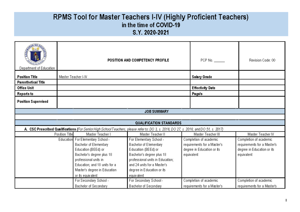 Appendix 2 RPMS Tool for MT I IV SY 2020 2021 in the time of Covid 19 3 ...