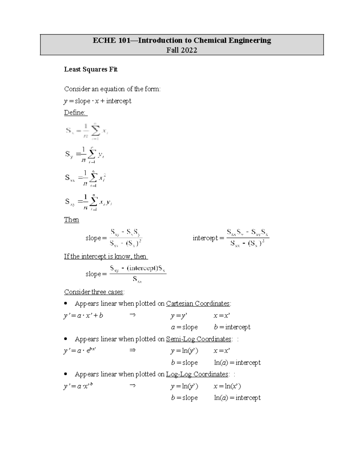 Least Squares Fit Equations - ECHE 101—Introduction to Chemical ...