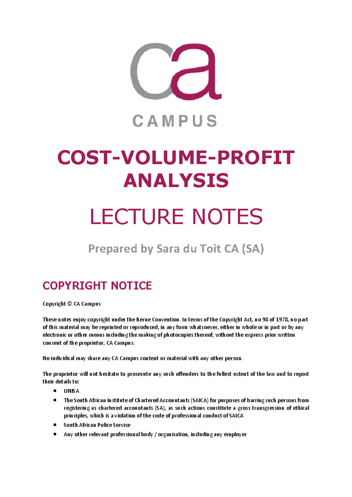 CVP ANALYSIS LECTURE NOTES (CA 101) - SARA DU TOIT - Studocu