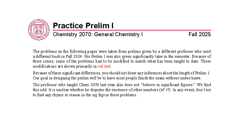 Practice Prelim I Chemistry 2070: General Chemistry I Fall 2025 - Studocu