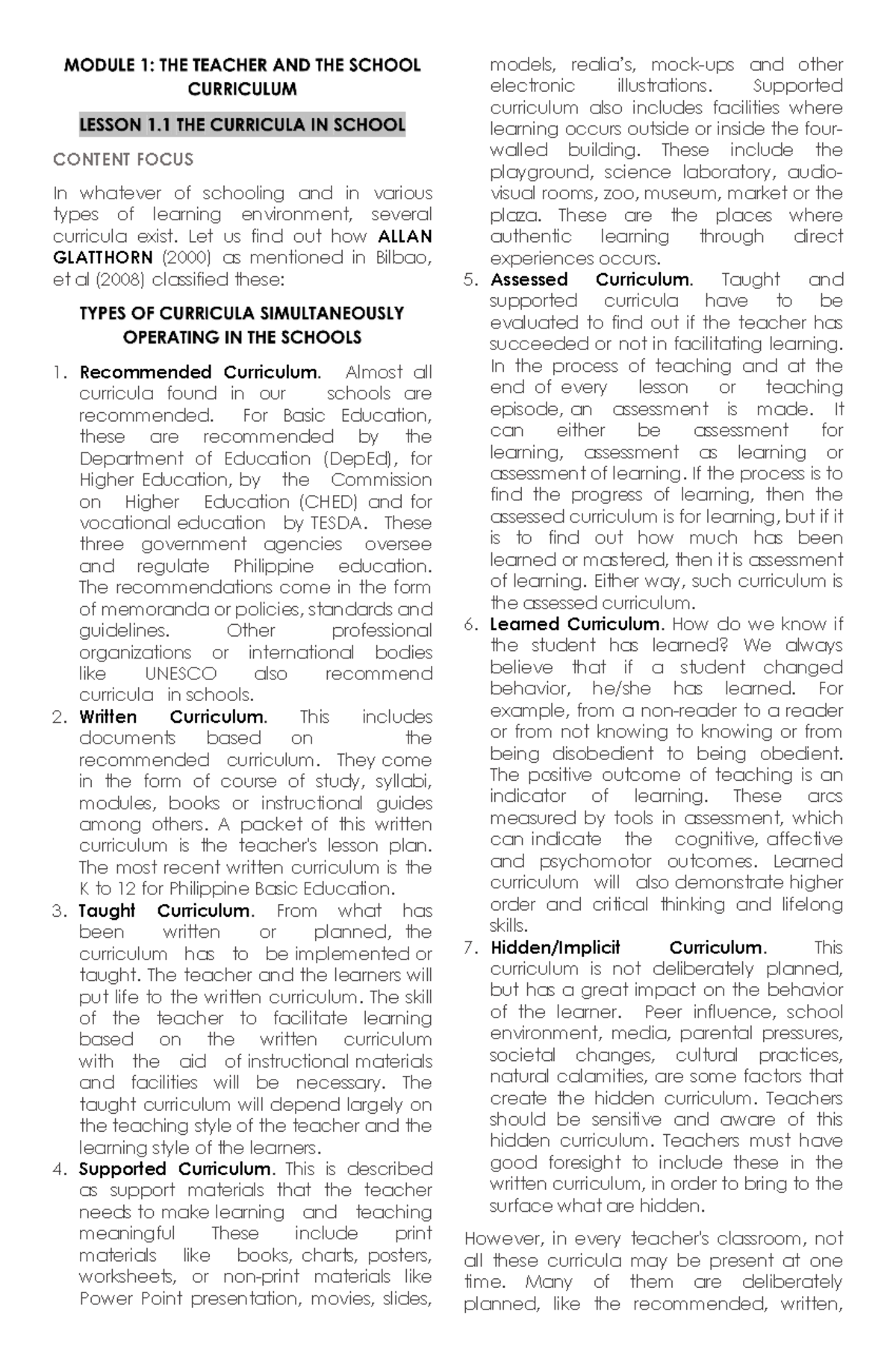 Teacher's Curriculum Roles: 1st Exam Reviewer for ED 101 - Studocu