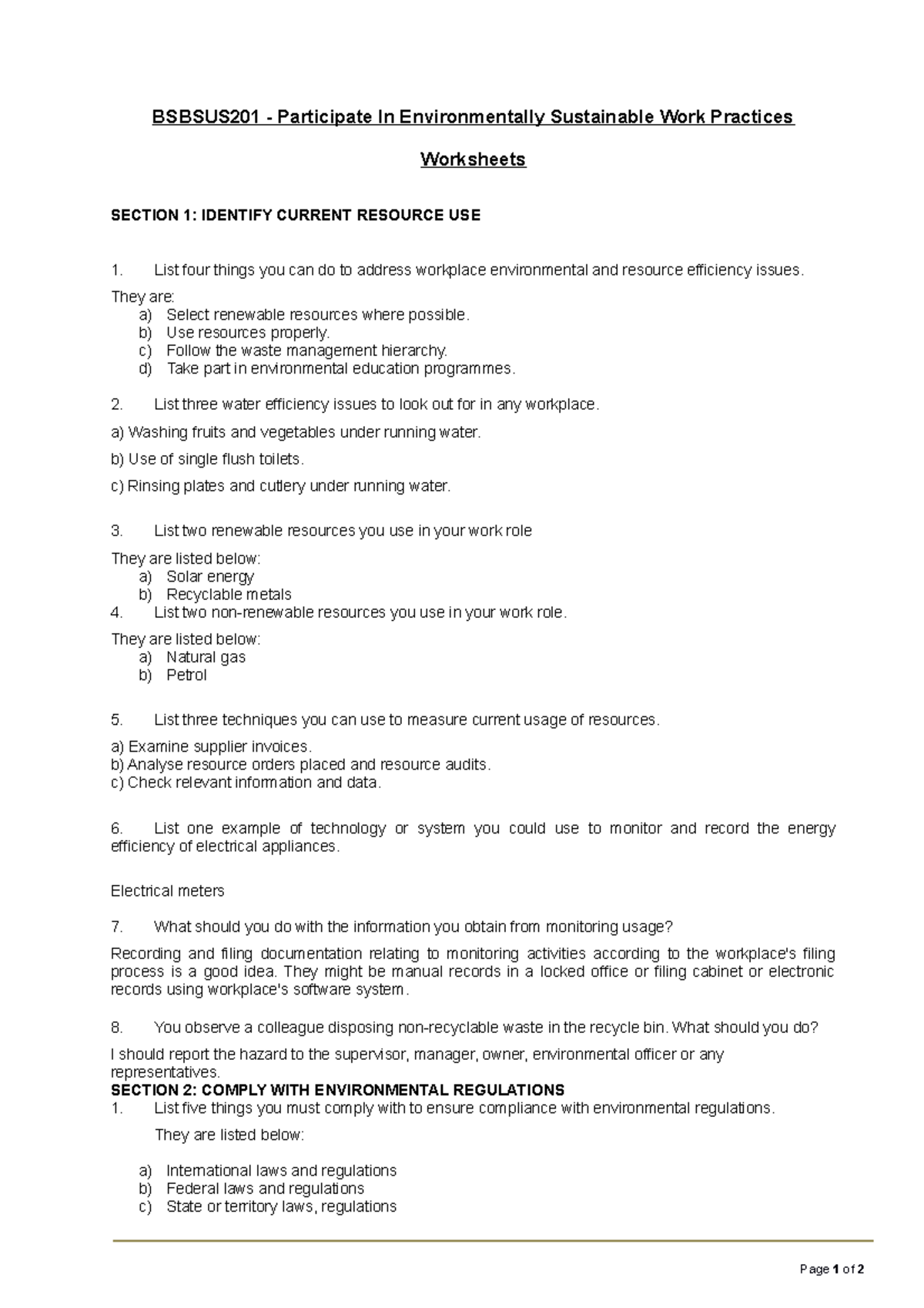 BSBSUS201 Worksheets on Environmentally Sustainable Work Practices ...