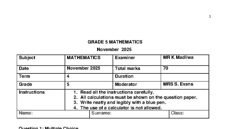 Final Exam Gr5 Mathematics P1 November 2025 - Studocu