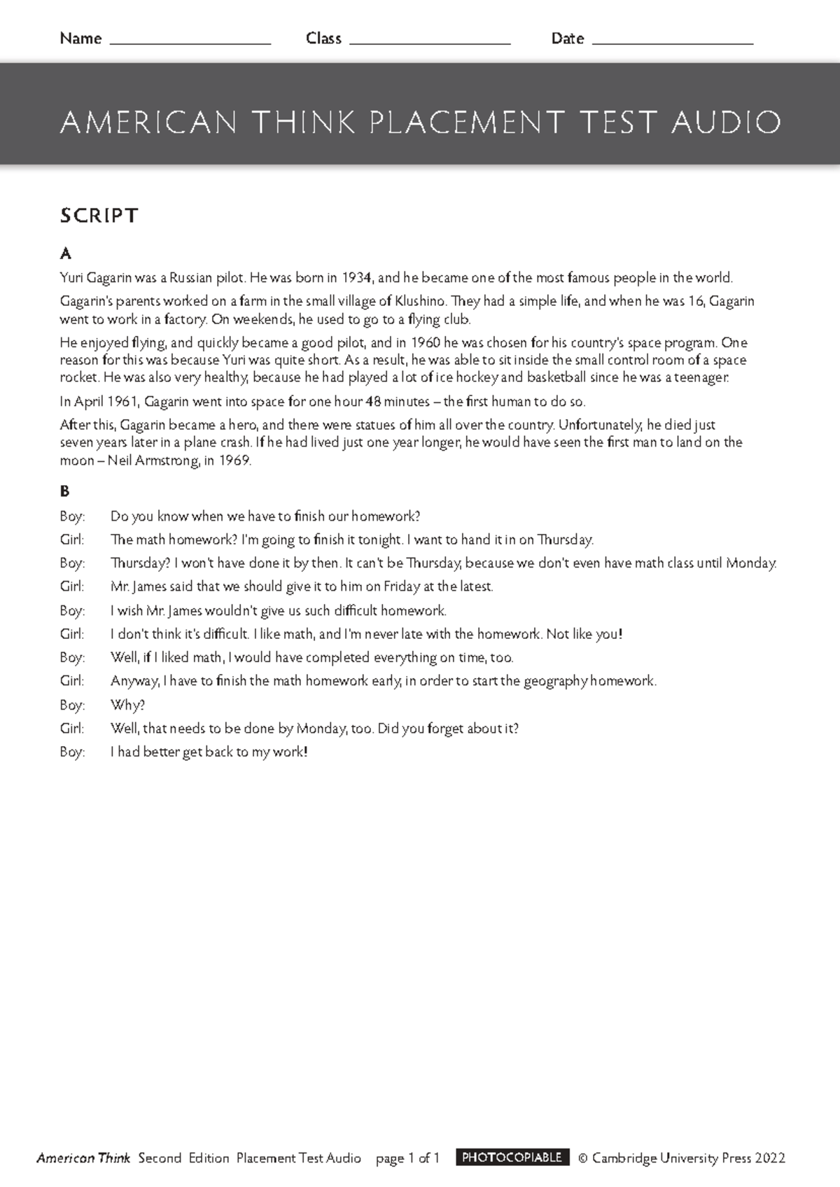 Thk2e L0 Am E Placement Test Audio Transcript - Studocu