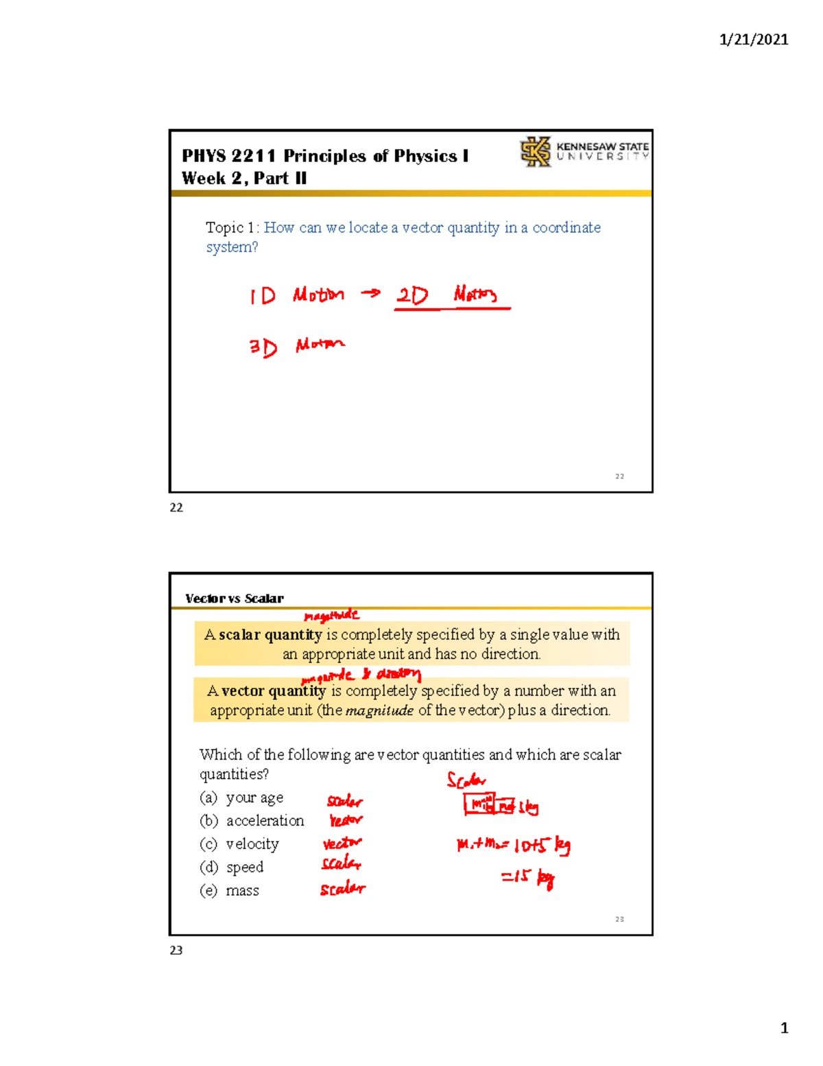 PHYS 2211 Week 2 Lecture Notes: Understanding Vectors and Scalars - Studocu