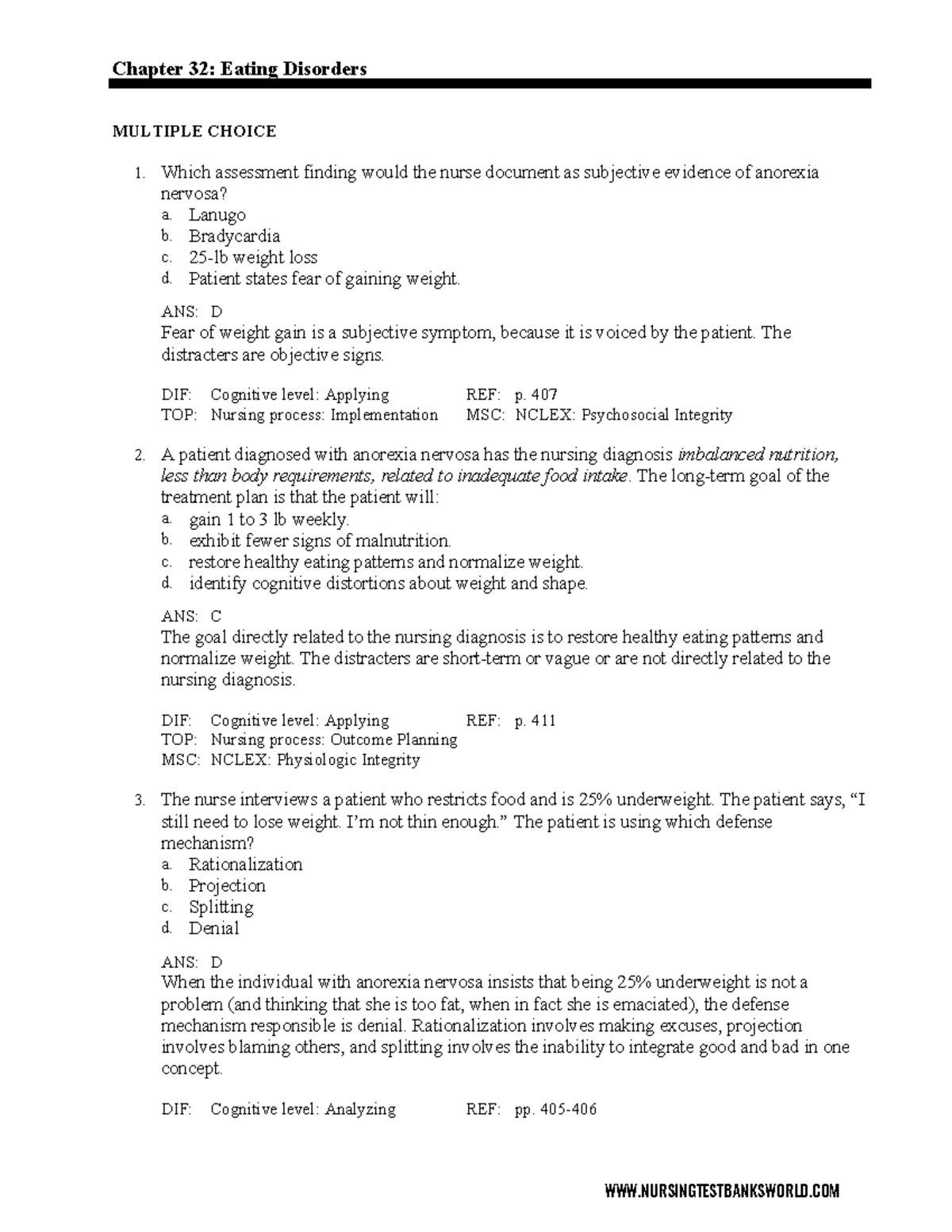 Mental Health CH. 32 Eating Disorders - Chapter 32: Eating Disorders ...
