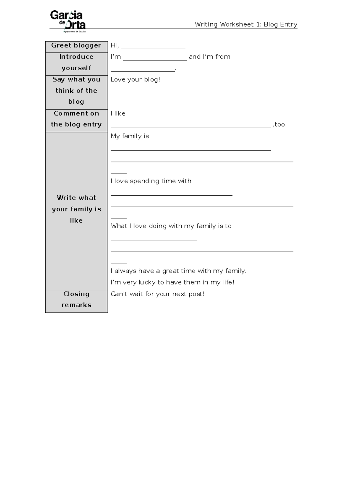 Writing worksheet 1 blog entry - Writing Worksheet 1: Blog Entry Greet ...