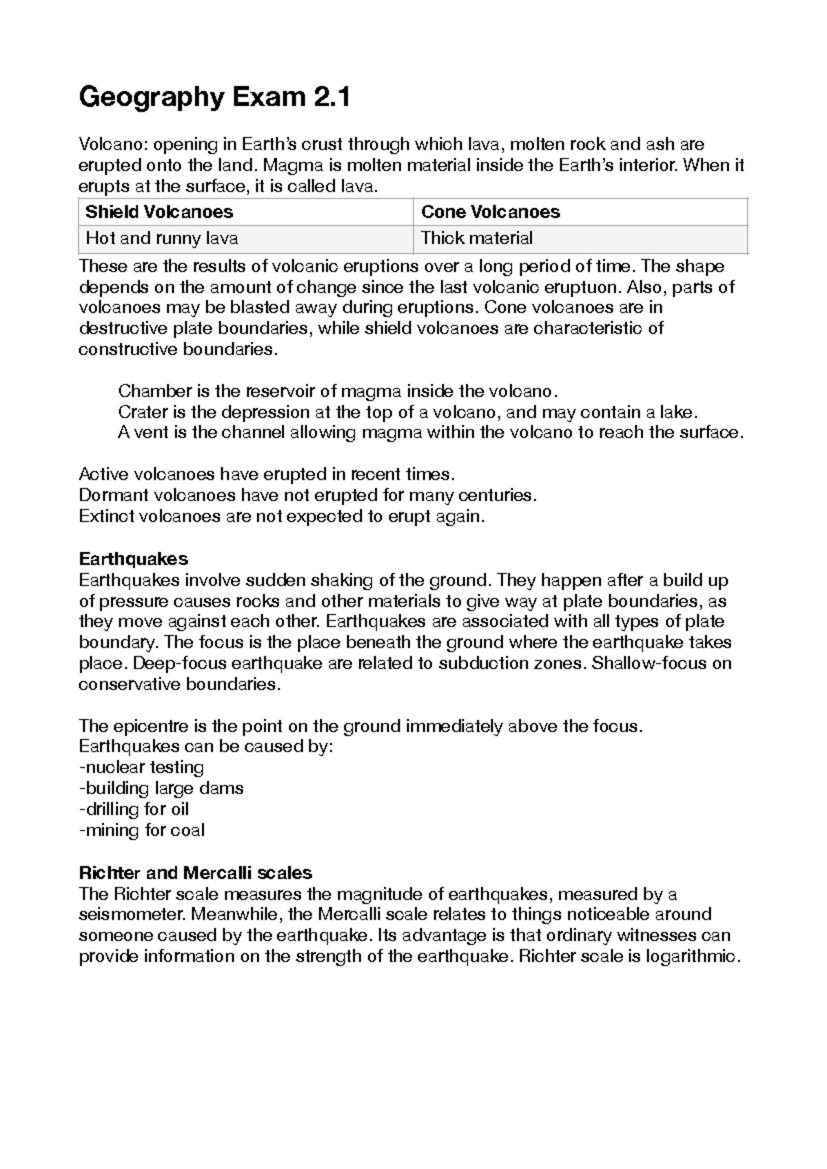 Geography Exam 2 - Study Notes on Volcanoes and Earthquakes - Studocu