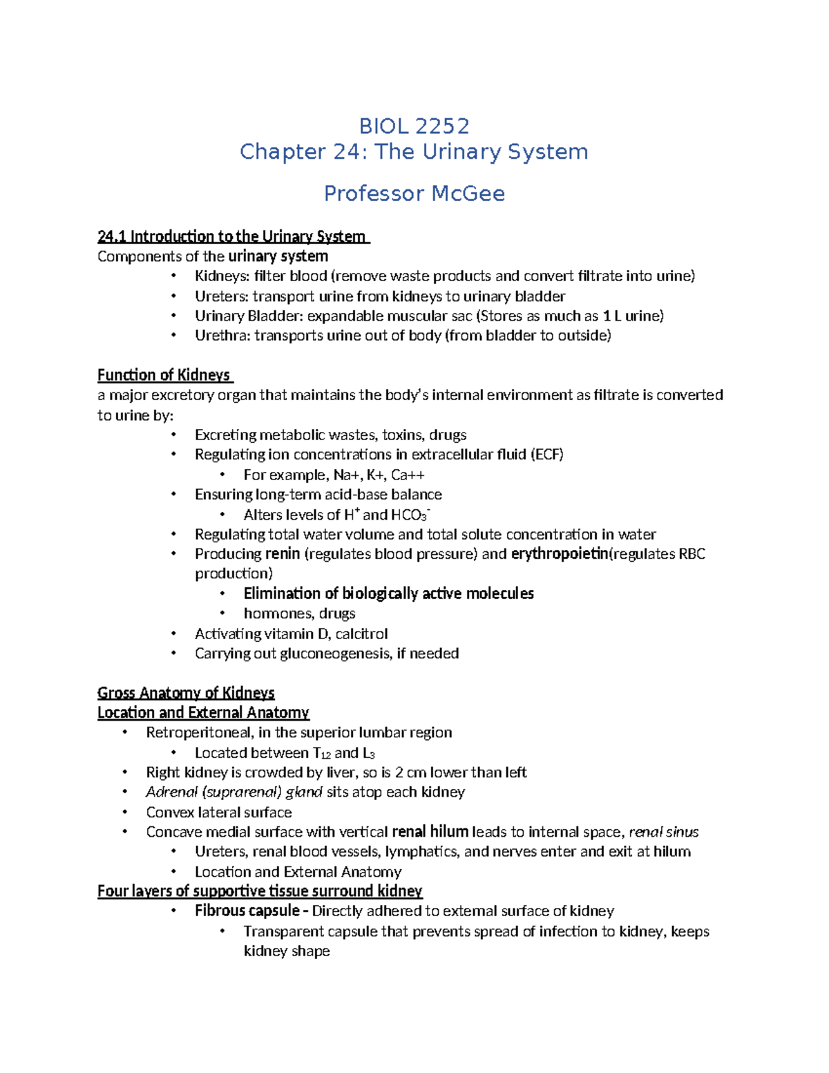 BIOL 2252: Chapter 24 - Overview of the Urinary System and Kidney ...