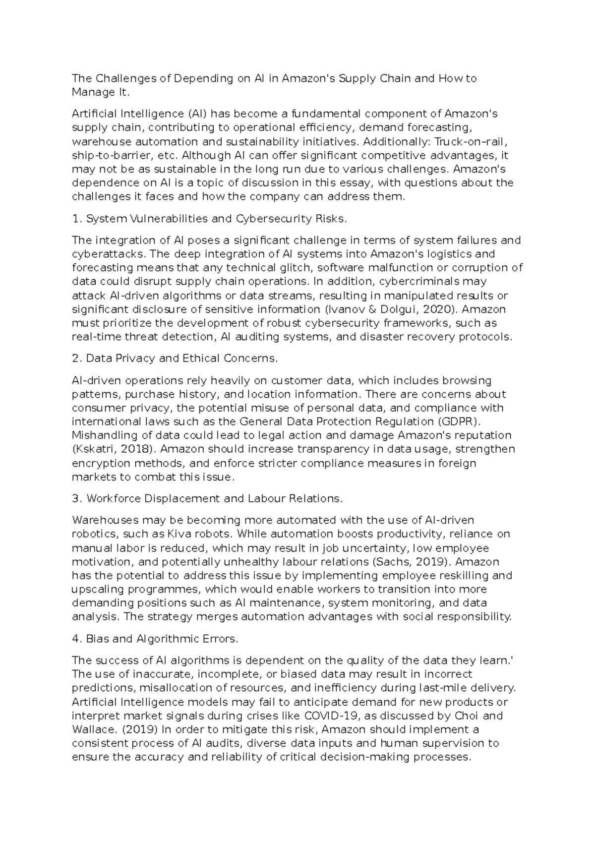 The Challenges of AI Dependence in Supply Chain Management: A Case ...