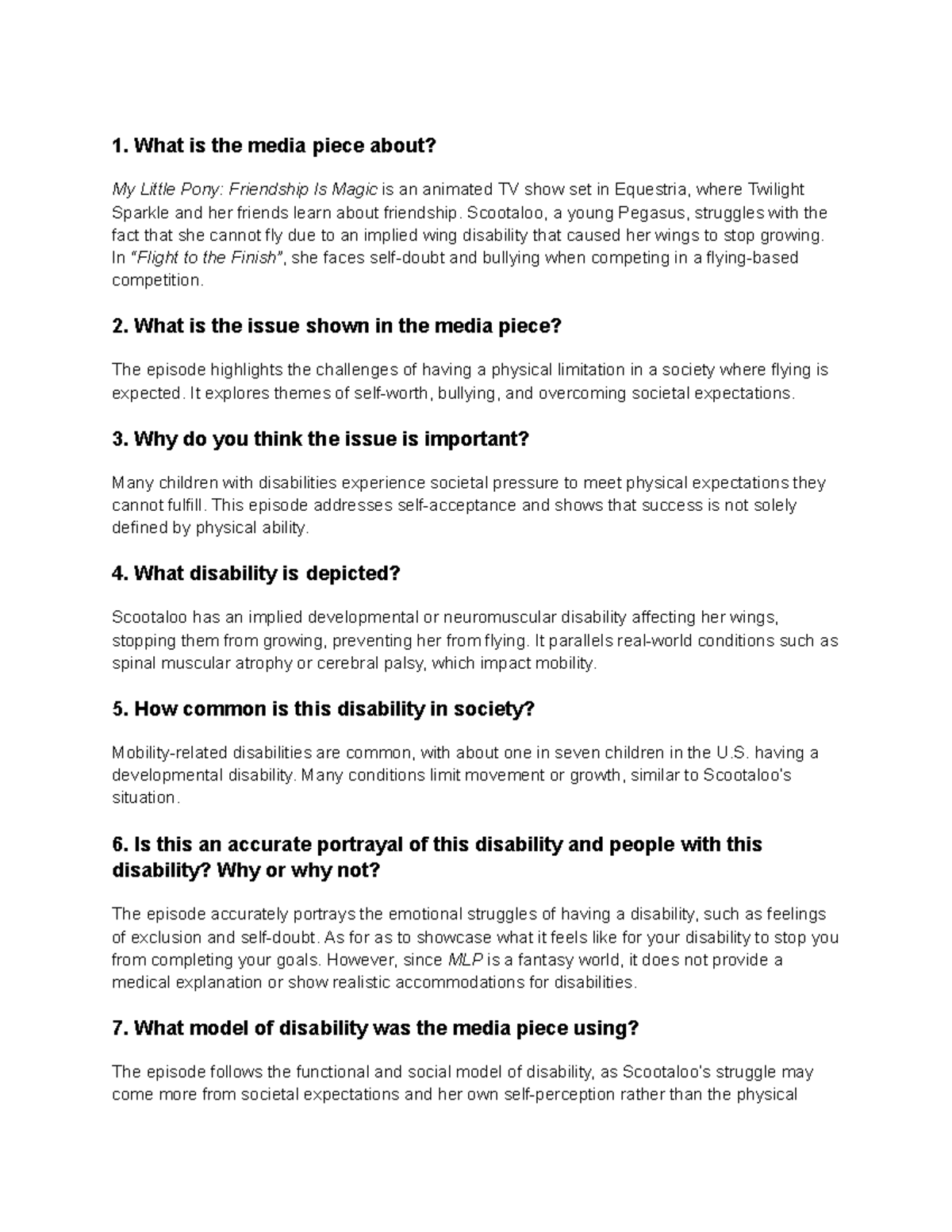 ENG 102: Analysis of Disability Themes in My Little Pony Episode - Studocu