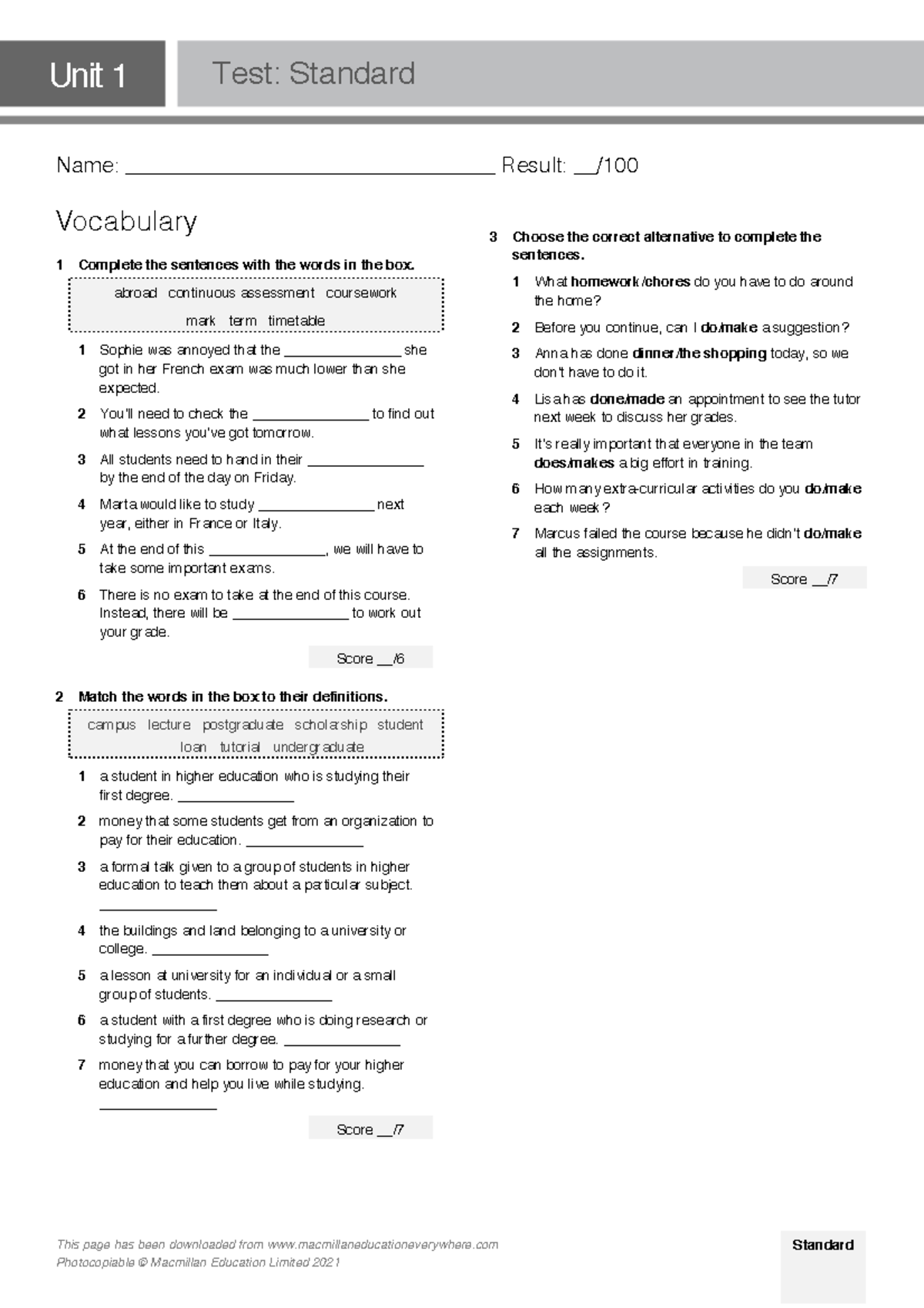 B2 U1 Test Standard - Vocabulary, Grammar, Listening, and Reading - Studocu