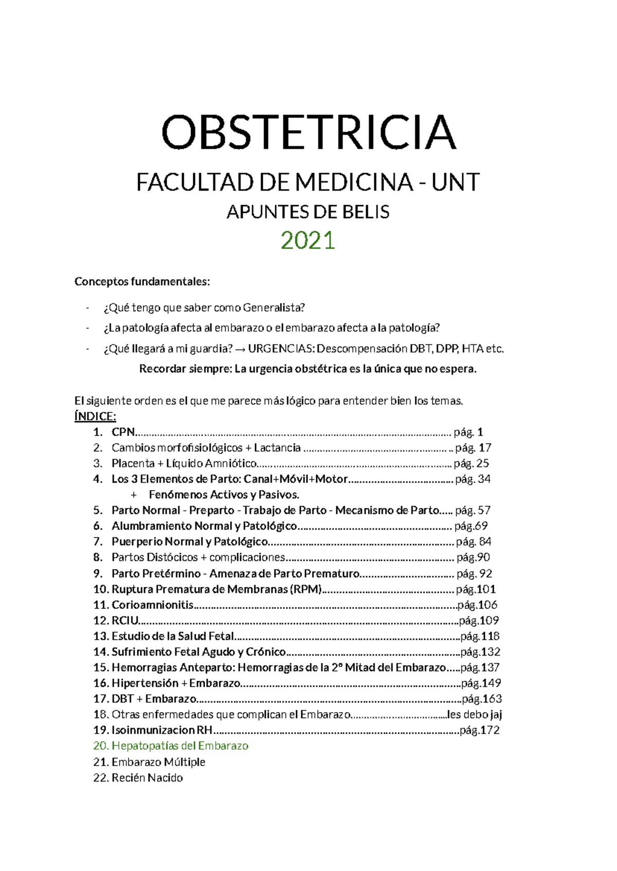 OBSTETRICIA UNT APUNTES DE BELIS 2021: Conceptos y Urgencias - Document Preview