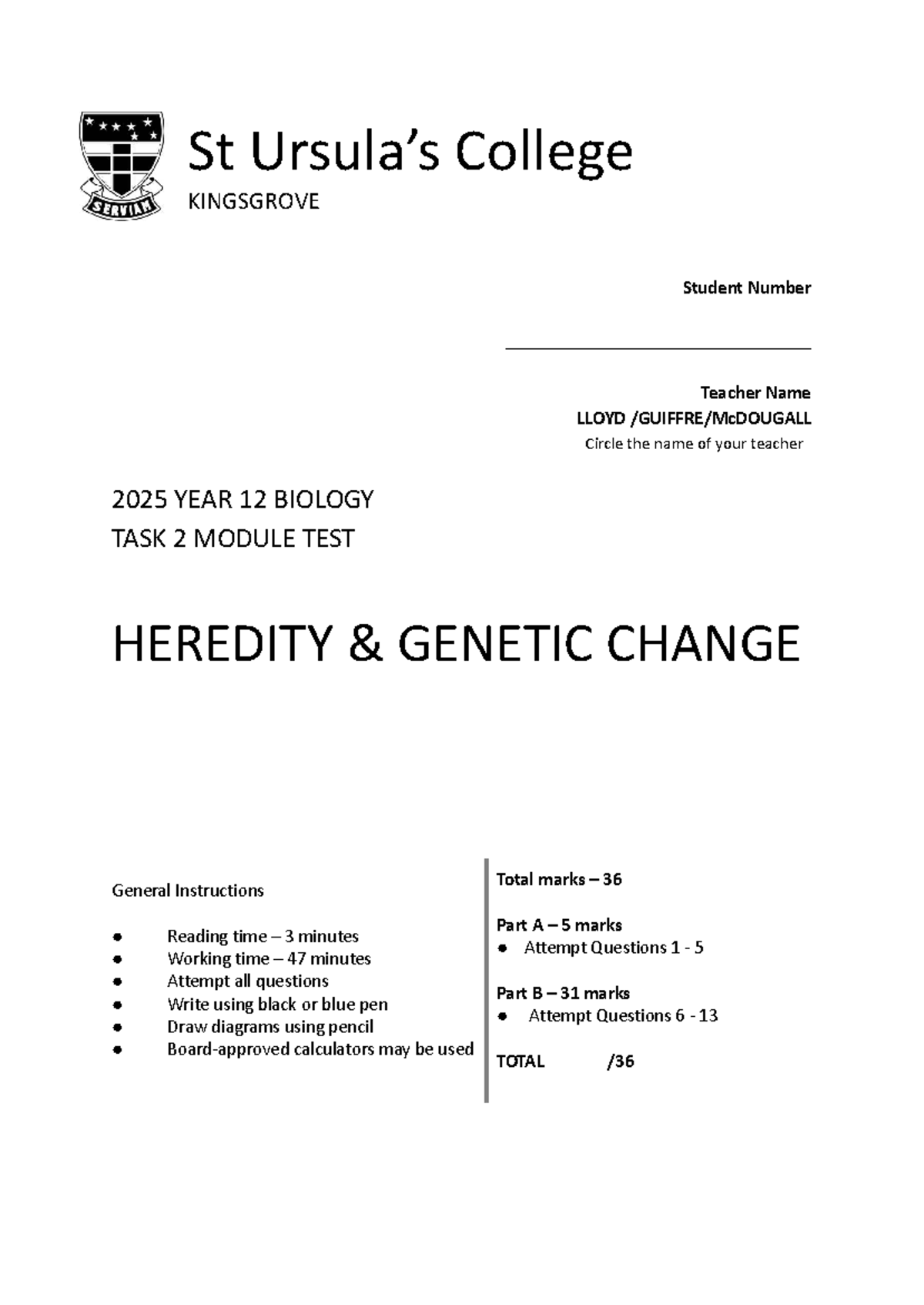 2025 Year 12 Biology Task 2: Heredity & Genetic Change Test - Studocu