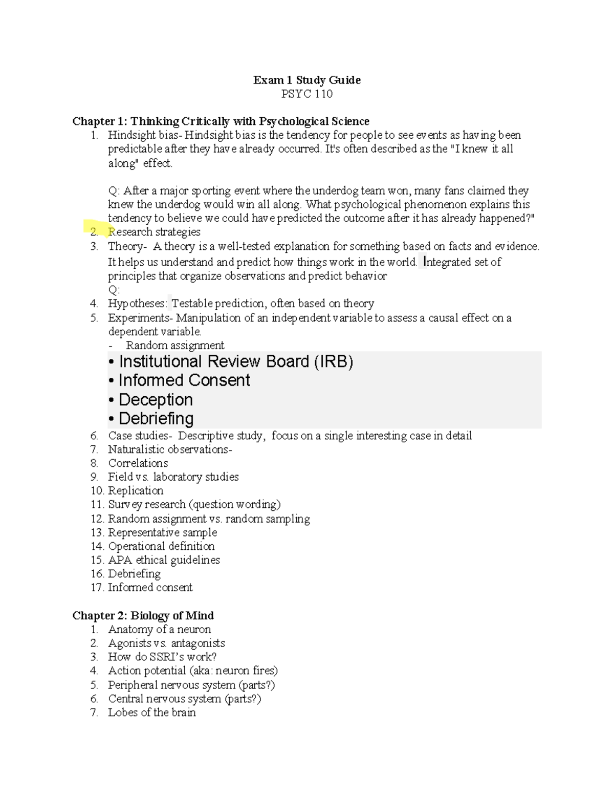 EXAM 1 study guide - Exam 1 Study Guide PSYC 110 Chapter 1: Thinking ...