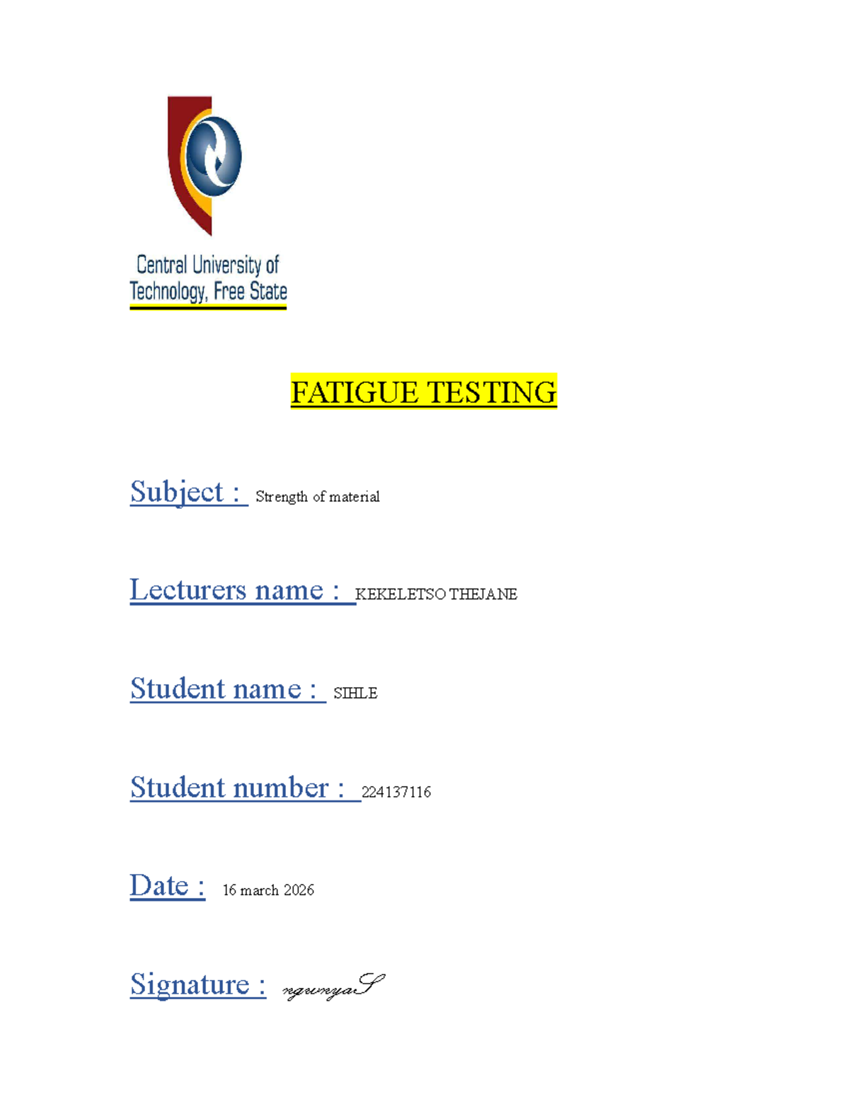 Final Exam: Fatigue Testing in Strength of Materials (MSM21A) - Studocu