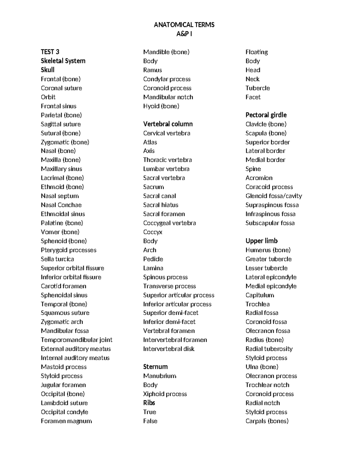 Anatomical Terms Study Guide for A&P I: Test 3 on Skeletal System ...