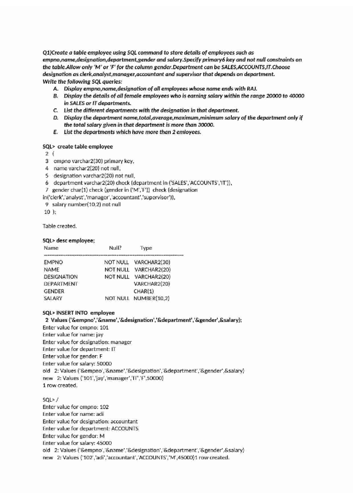Dbms Record Part A - Lab Notes: SQL Employee & Client Management - Studocu