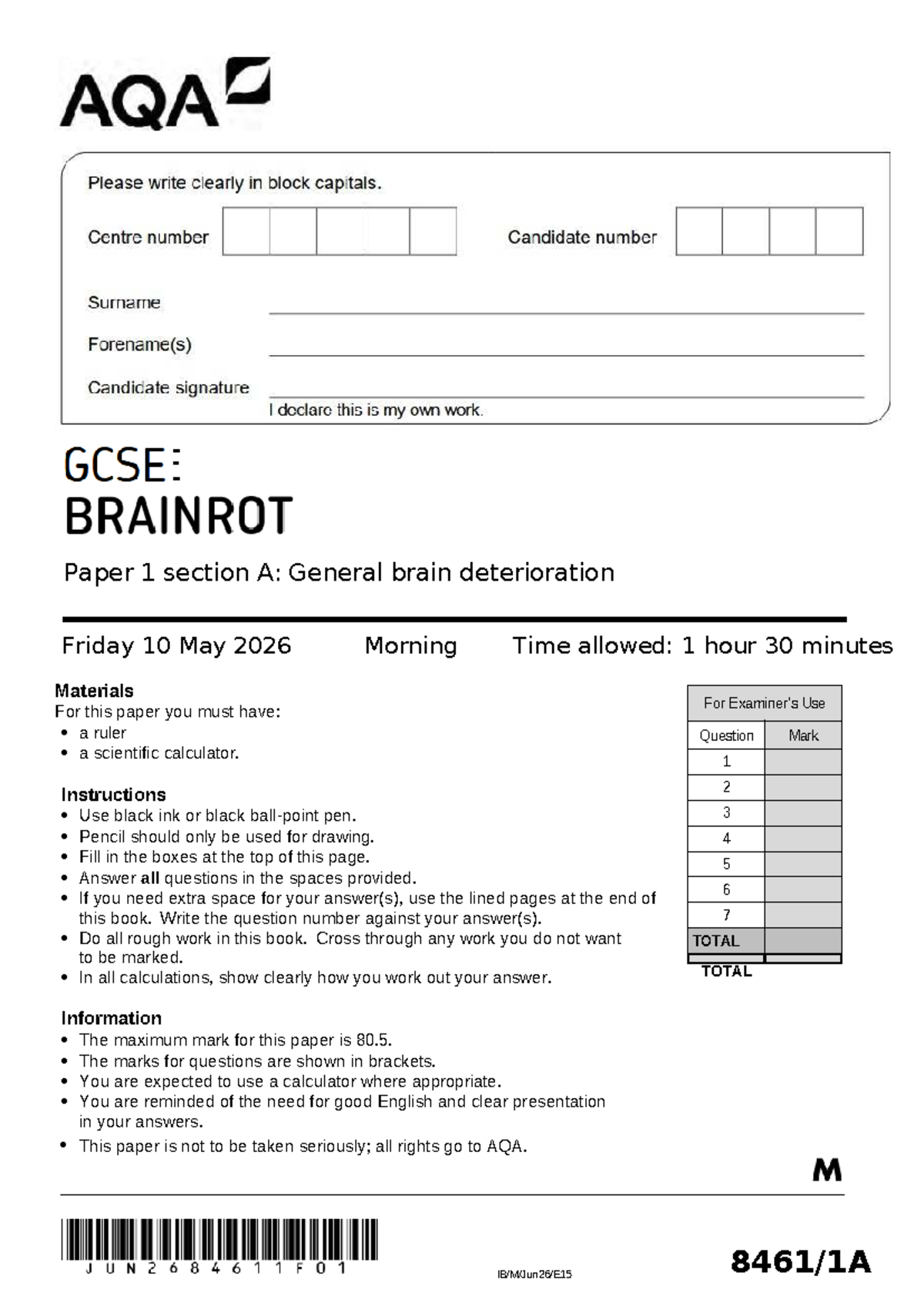 GCSE BRAINROT Paper 1: General Brain Deterioration - June 2026 - Document Preview