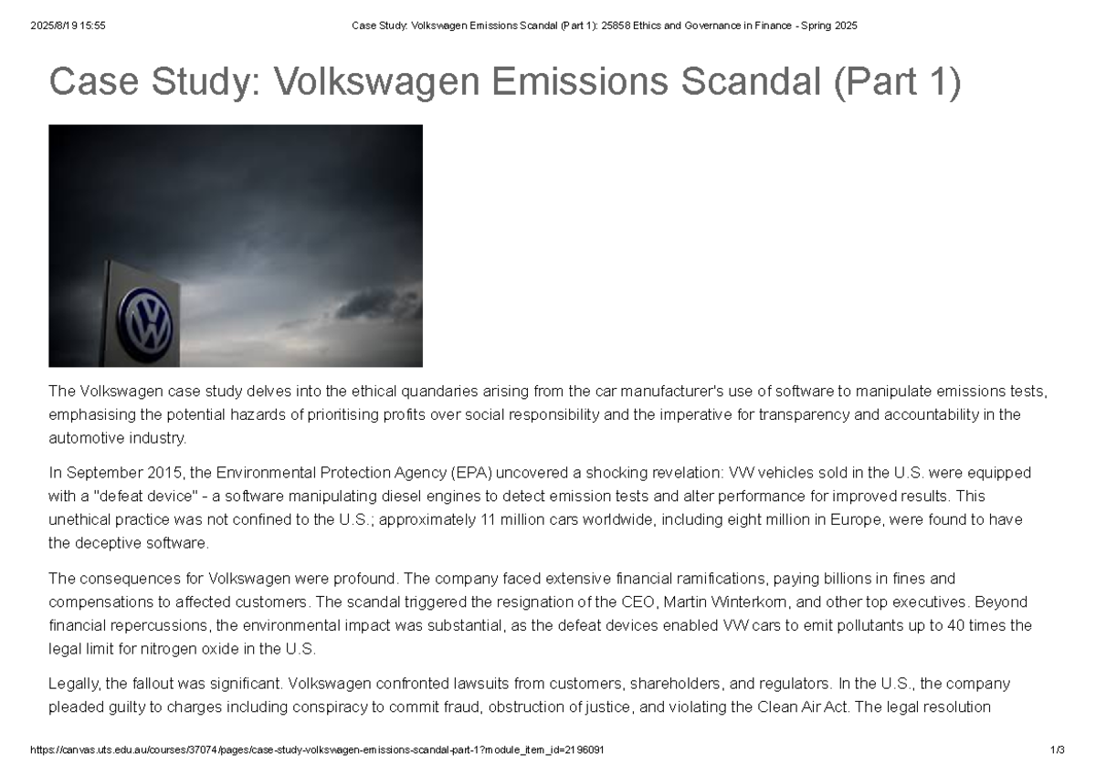 Case Study: VW Emissions Scandal (Part 1) - 25858 Ethics & Governance ...
